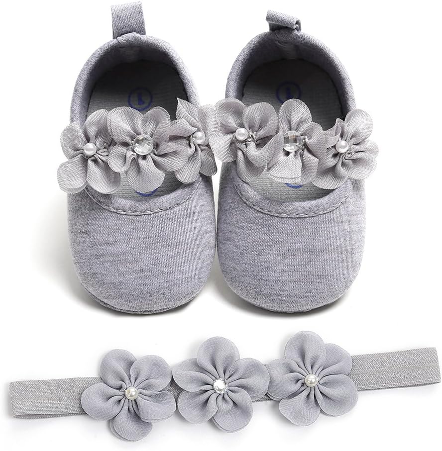 Baby Girls Shoes with Headband Gift Set Toddler Girl Lovely Spring Flower Soft Sole Anti-Slip Sneakers Princess Shoes