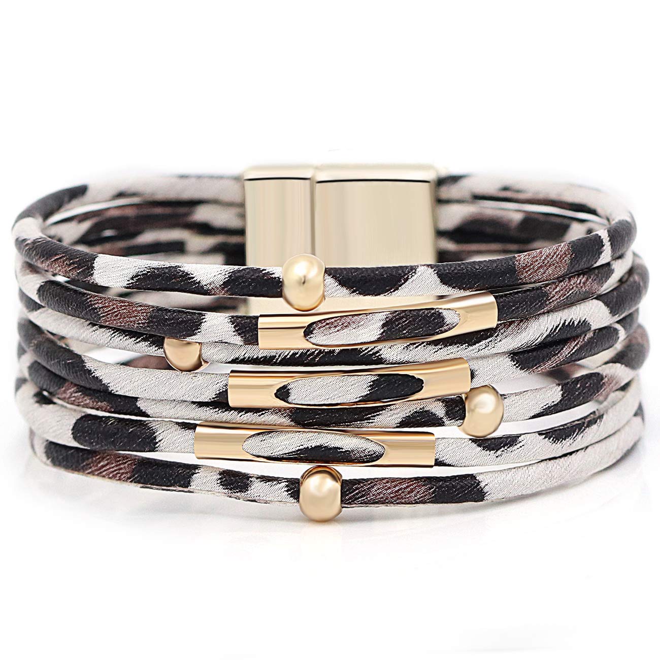 Gleamart Leopard Leather Bracelet Multilayer Boho Metal Tube Bracelet for Women White Leopard โ image 1