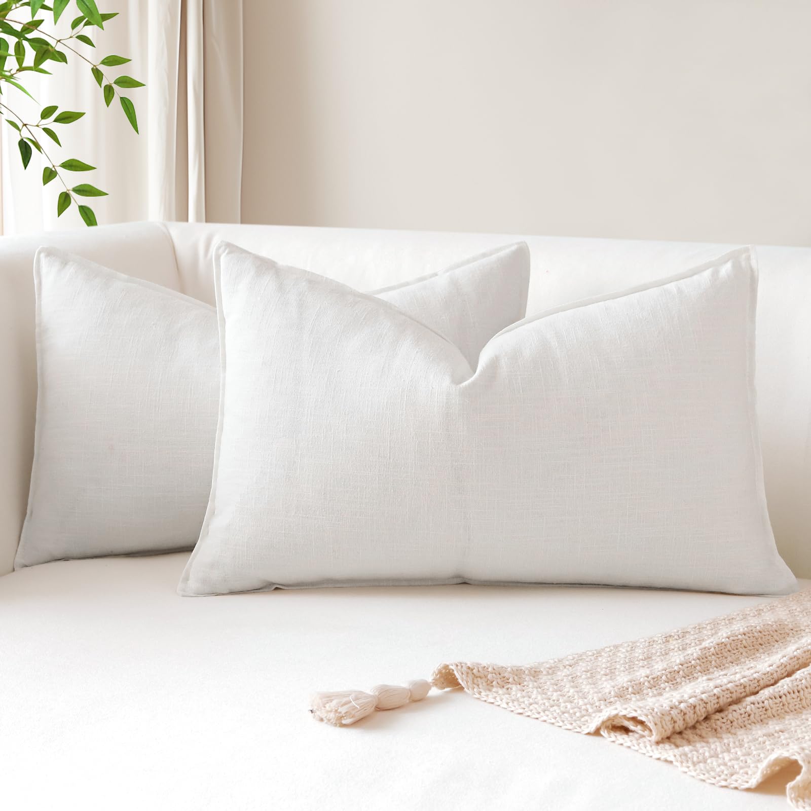 Sungeek Set of 2 Soft Linen Decorative Cushion Covers 30cm x 50cm Solid Farmhouse Throw Pillow Covers Boho Accent Cushion Cases for Sofa Couch Chair Bedroom Home Decor Pillowcases, White