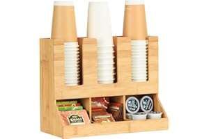 TQVAI Bamboo Coffee Station Organizer, 6 Compartments Condiment Rack Breakroom Accessories Caddy for K Pods, Snack, Tea Bags, Disposable Cups, Original