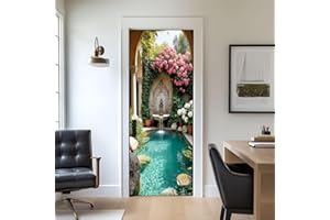 Door Stickers Peel and Stick Door Decal Mediterranean Courtyard Fountain Blooming Hydrangeas Reflective Removable Mural Wallp