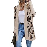 Bichingda Women's Long Sleeves Open Front Casual Leopard Print Fuzzy Knitted Sweater Cardigan Coat Outwear