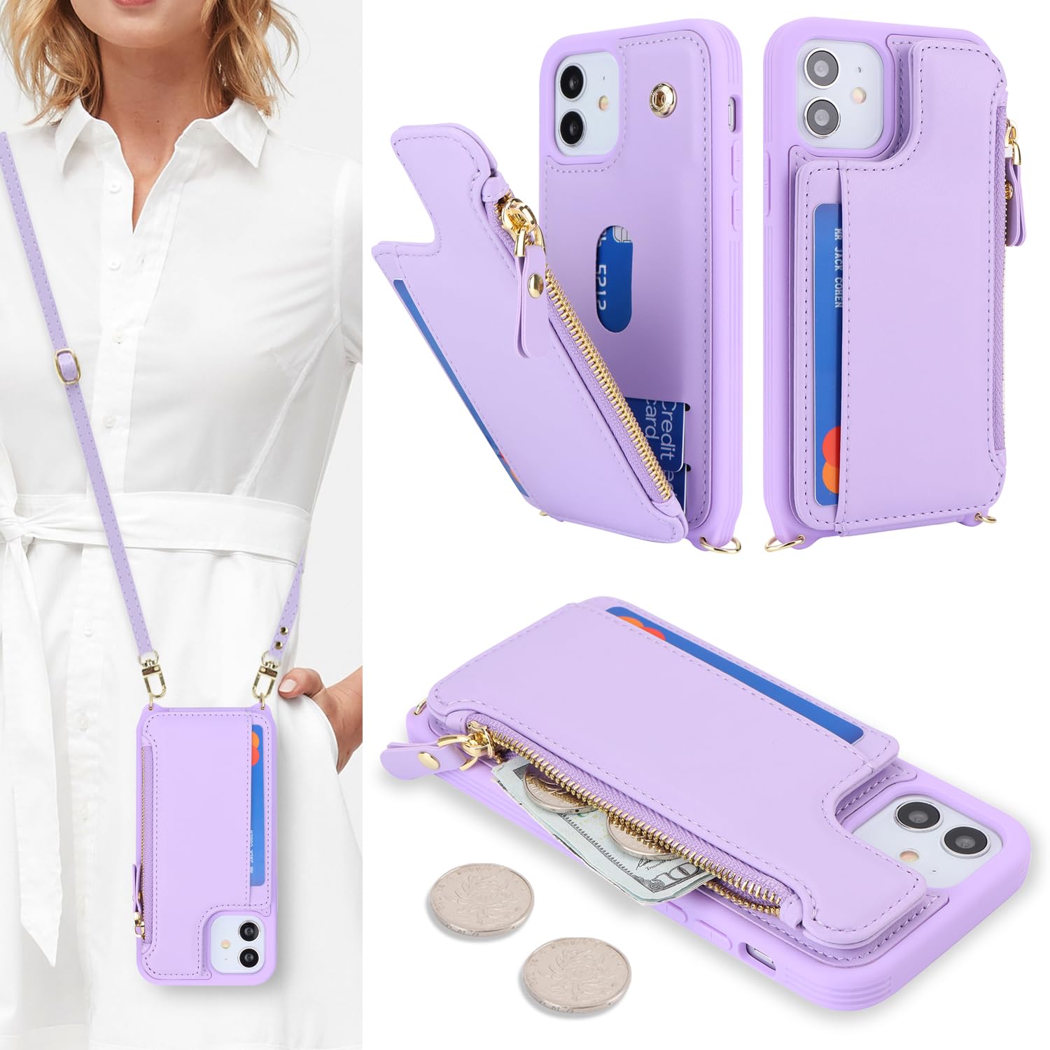 SailorTech for iPhone 12 Phone Case with Credit Card Holder for Women, iPhone 12 Pro Leather Case Wallet Crossbody with Credit Card Slots Zipper Shockproof Case for Men - Purple