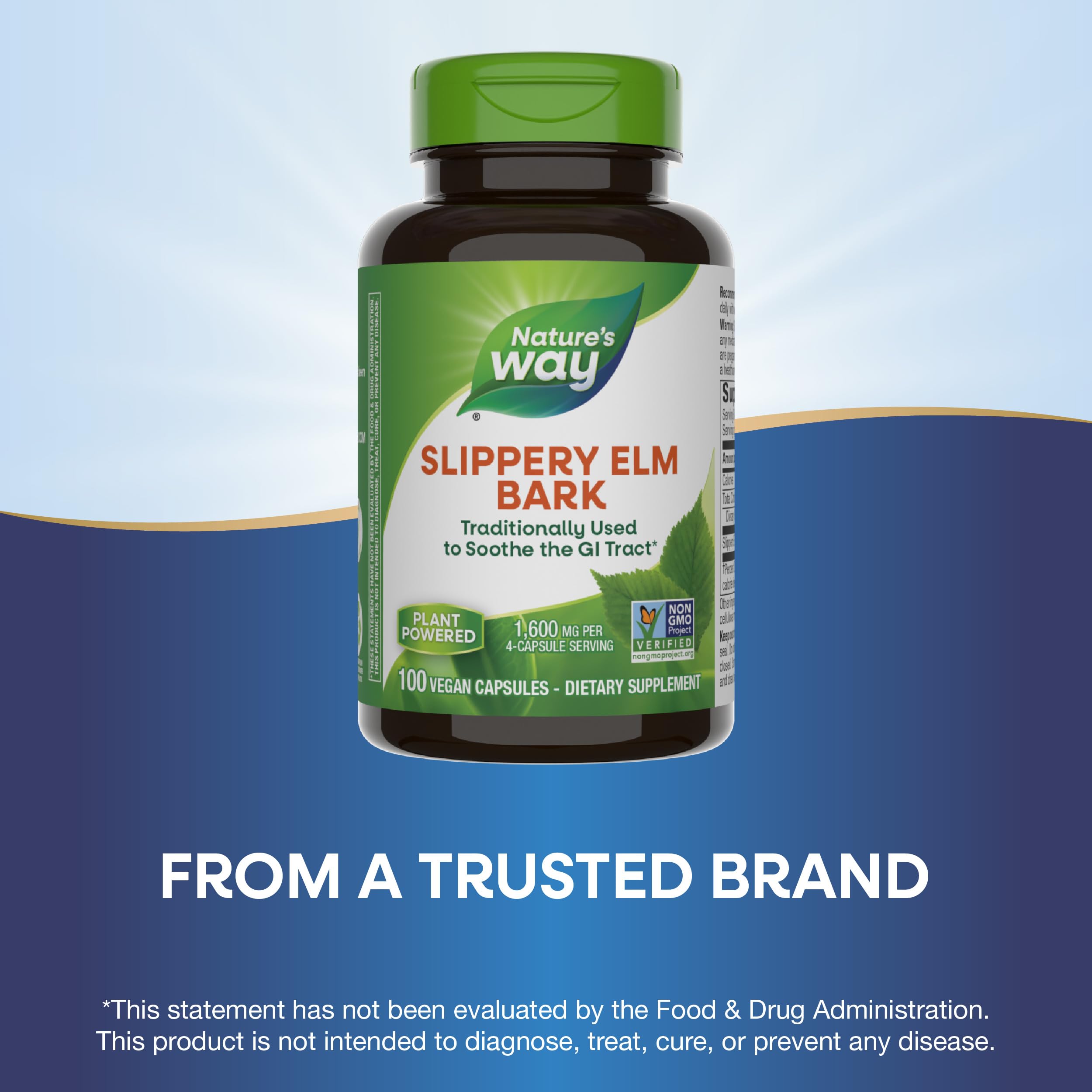 Nature's Way Slippery Elm Bark, Traditional Support to Soothe the GI Tract*, Vegan, Slippery Elm Capsules, 100 Capsules