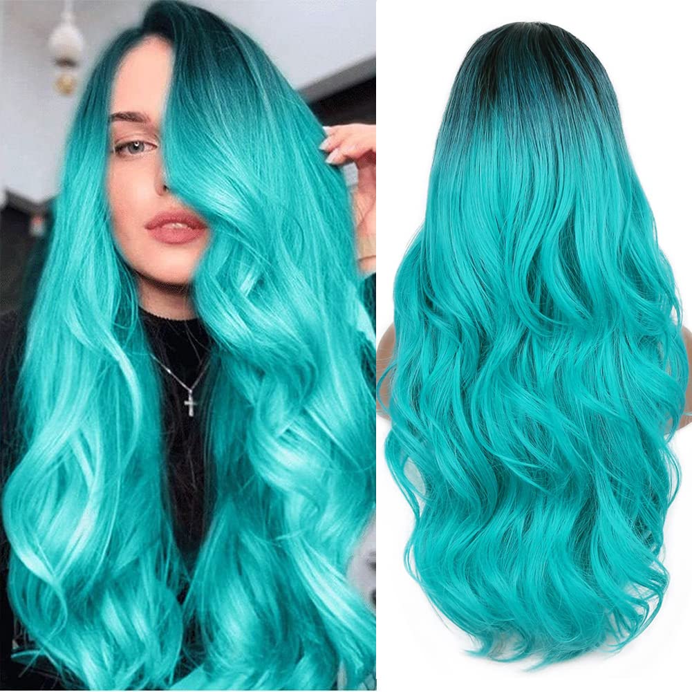 PORSMEER Long Bluish Green Hair Wigs for Women Realistic Looking Middle Part Ombre Wigs with Black Roots Natural Heat Resistant Synthetic Wig 26inches