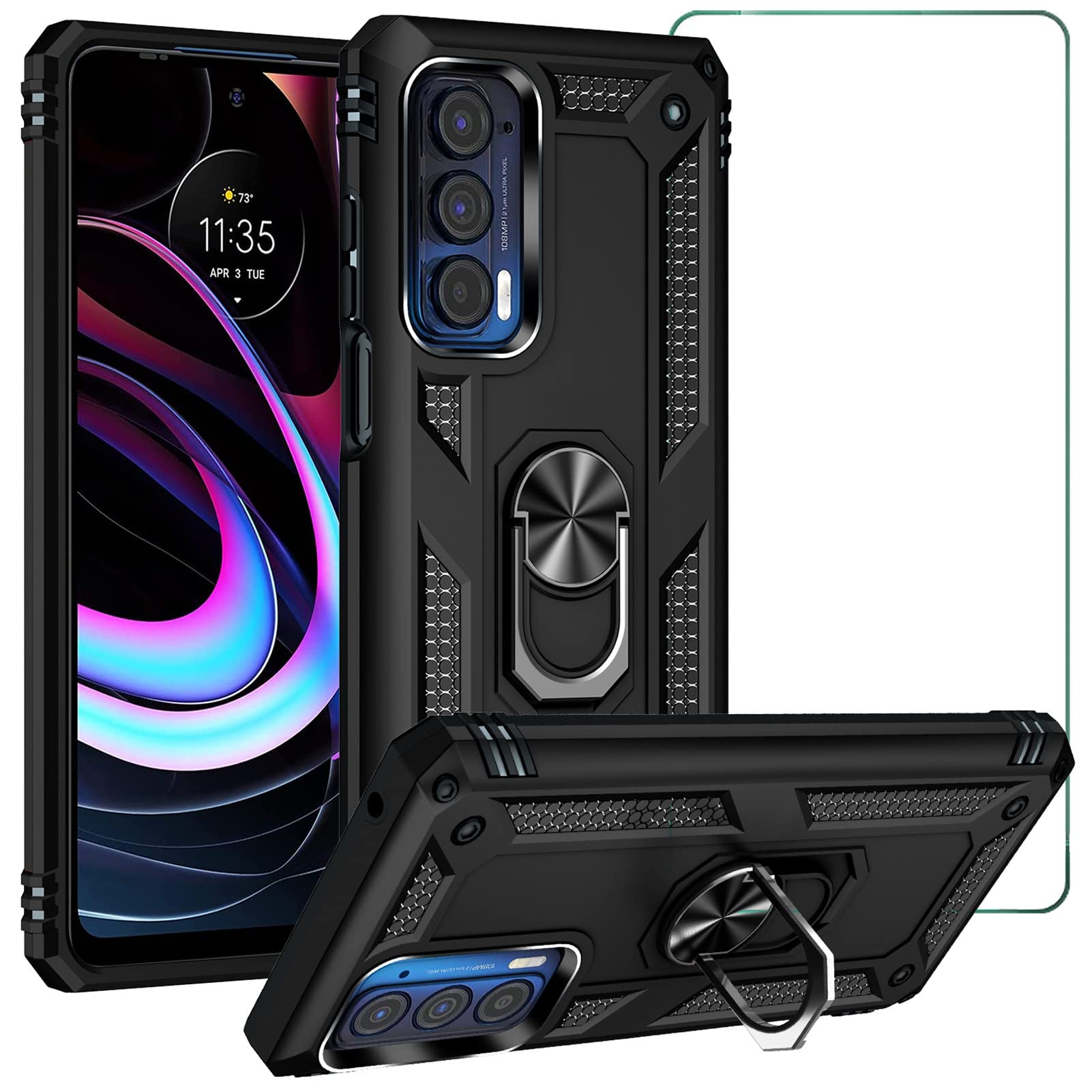 SHYXGLON Case for Motorola Edge 20 Pro with Screen Protector Armor Silicone Shockproof Heavy Duty Anti Scratch Military Grade Ring Holder Kickstand Cover for Motorola Moto Edge 20 Pro (Black)