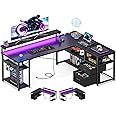 ODK L Shaped Gaming Desk with File Drawers, Reversible Computer Desk with Power Outlets & LED Lights, Home Office Desk with Storage Shelves, 61 Inch Bedroom Corner Desk with Monitor Stand, Black