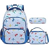mygreen 3PCS Kids Backpack Set - Waterproof Bookbag with Lunch Box for Boys Ages 3-12, Adorable Cartoon Prints for School & Outdoor Use Light Blue Airplane
