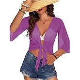 Women's Short Cardigan Bolero Shrug Sheer Tie Front Top 3/4 Sleeve Jacket for Dress