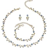 BriLove Wedding Jewelry Set for Women Bride, Gorgeous Stunning Crystal Flower Leaf Cluster Choker Necklace Link Bracelet Stud Earrings Bridal Bridesmaid