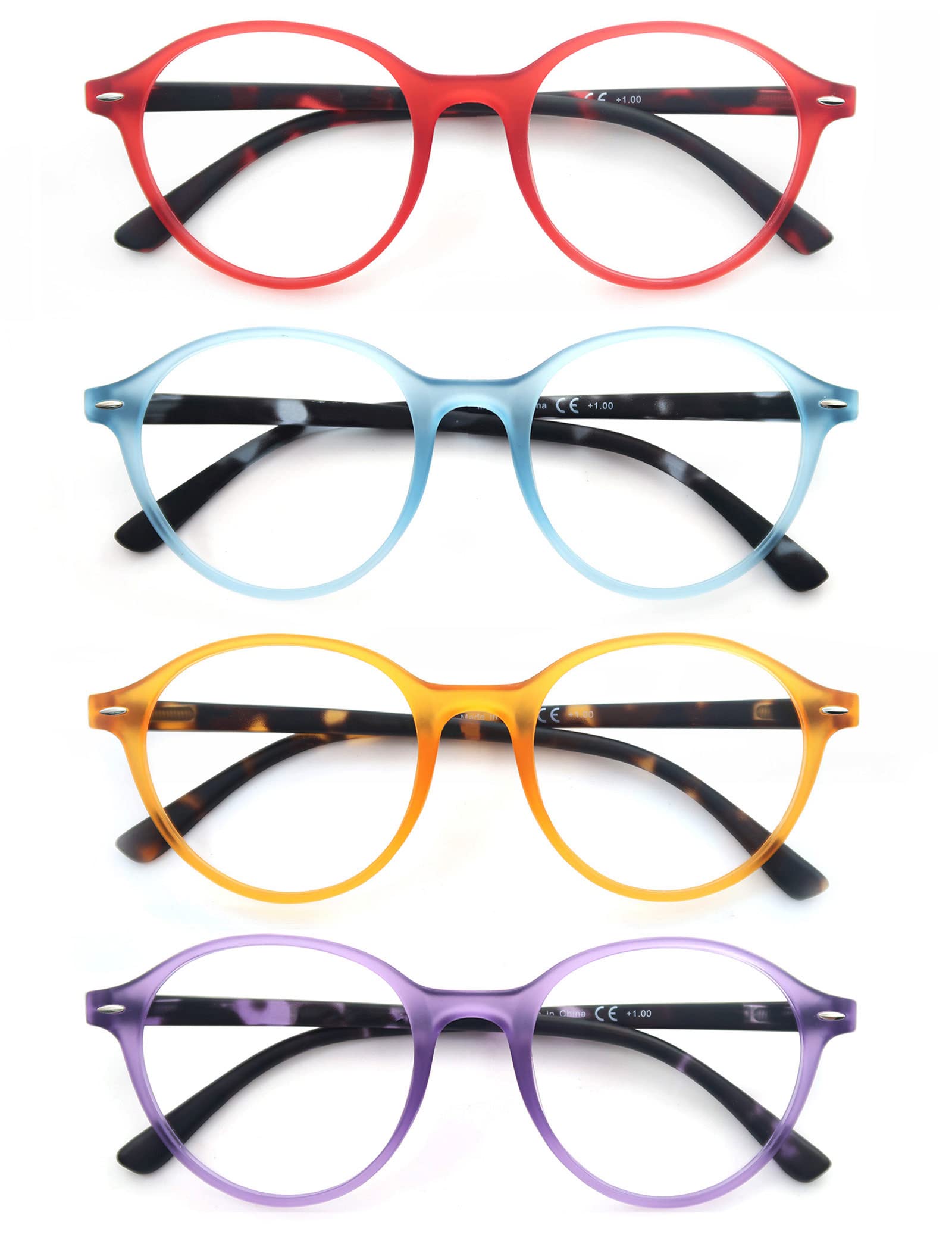 MODFANS 4-Pack Reading Glasses for Men Women,Fashion Readers Glasses Colorful Round Frame Comfort Spring Hinges,Red-Purple-Blue-Yellow