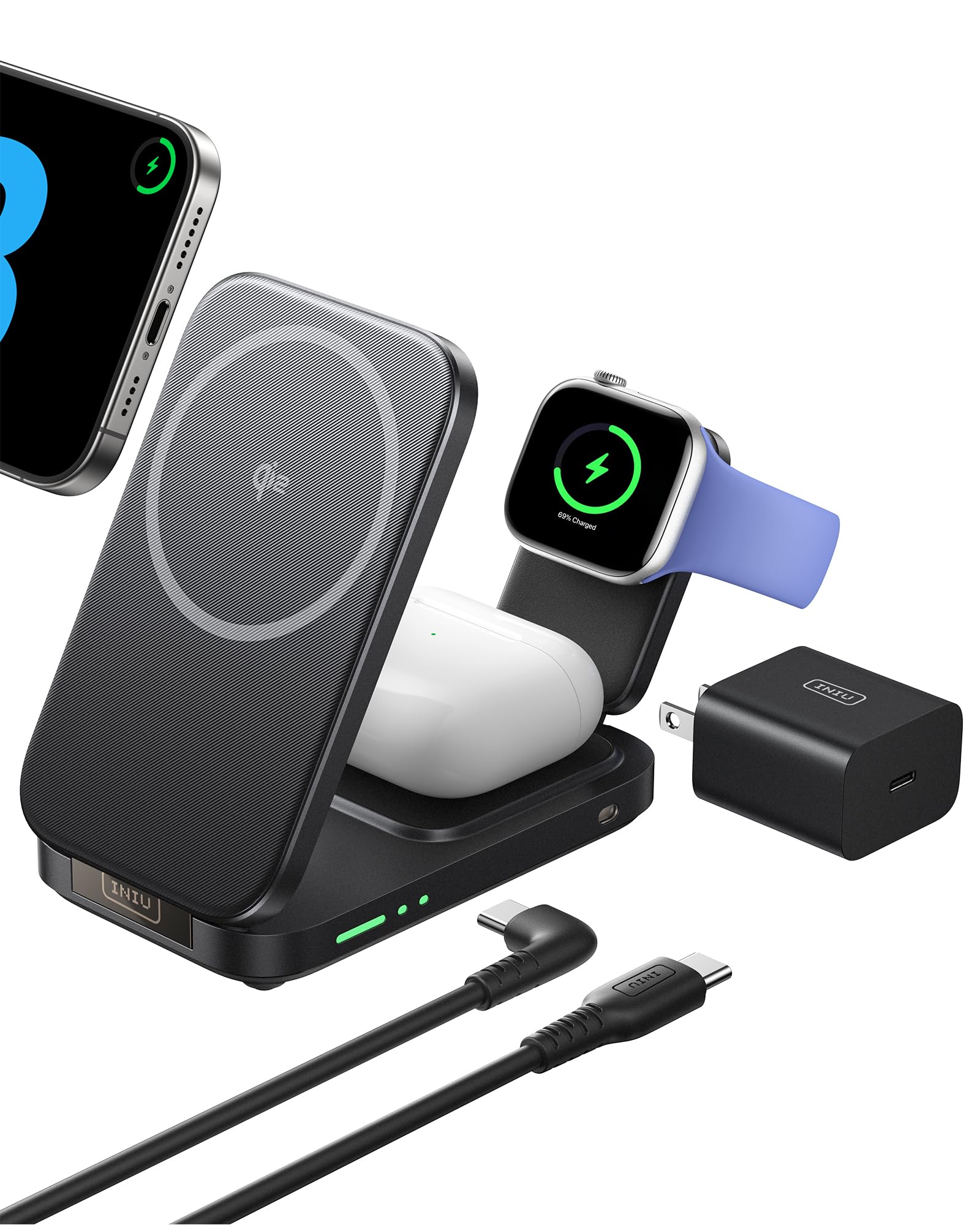 Photo 1 of INIU 3 in 1 Wireless Charging Station, Qi2 Certified 15W Travel Charger for Apple Multiple Devices, Foldable Charger Stand for iPhone 17 16 15 14 13 12 Series Apple Watch AirPods (with Adapter)