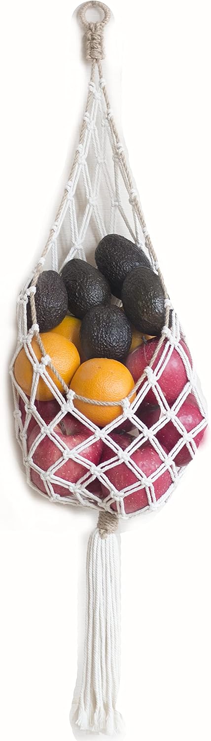 Decocove Hanging Fruit Basket - Boho Basket for Potato, Onion and Fruit Storage - Boho Wall Hanging Decor for Kitchen - Macrame Wall Hanging Basket (Large)