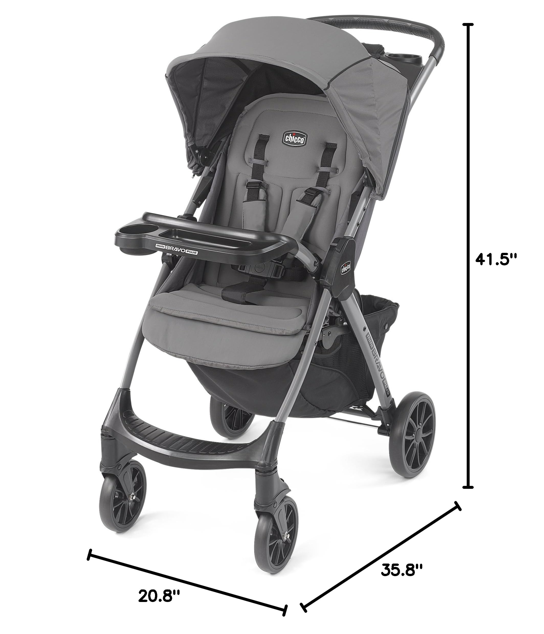 Chicco Mini Bravo Plus Lightweight Stroller for Babies and Toddlers, 3-Position Reclining Seat and UPF-Rated Canopy, Child and Parent Trays, Self-Standing Fold | Graphite/Grey