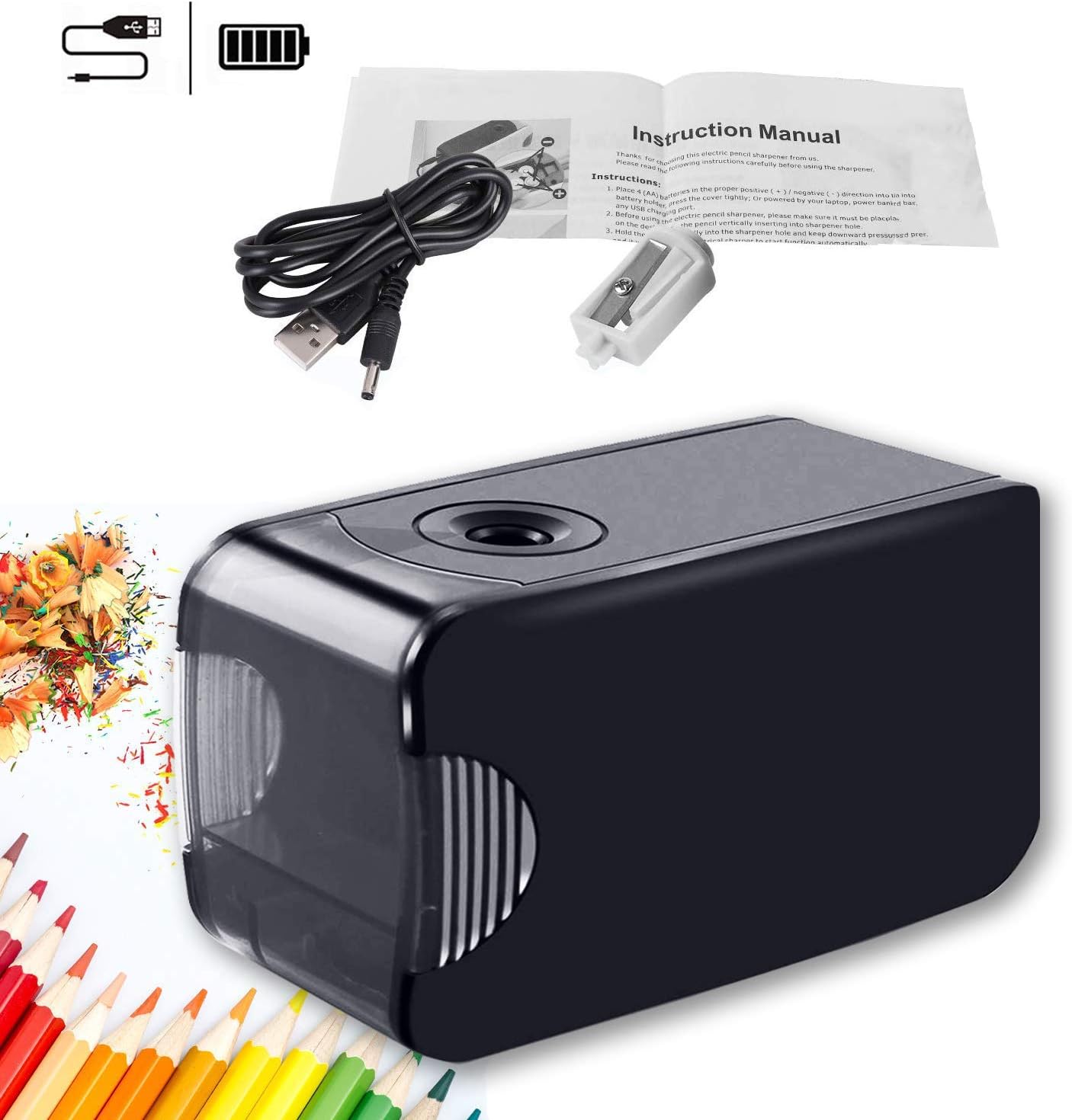 Electric Pencil Sharpener Black Professional Portable Electric Pencil Sharpener with Auto Quick Safety Sharpening, Battery USB Powered, Safety Design for Home, Classroom, Office