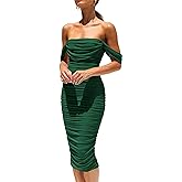 PRETTYGARDEN Summer Off The Shoulder Ruched Bodycon Dresses Sleeveless Sexy Party Club Midi Dress