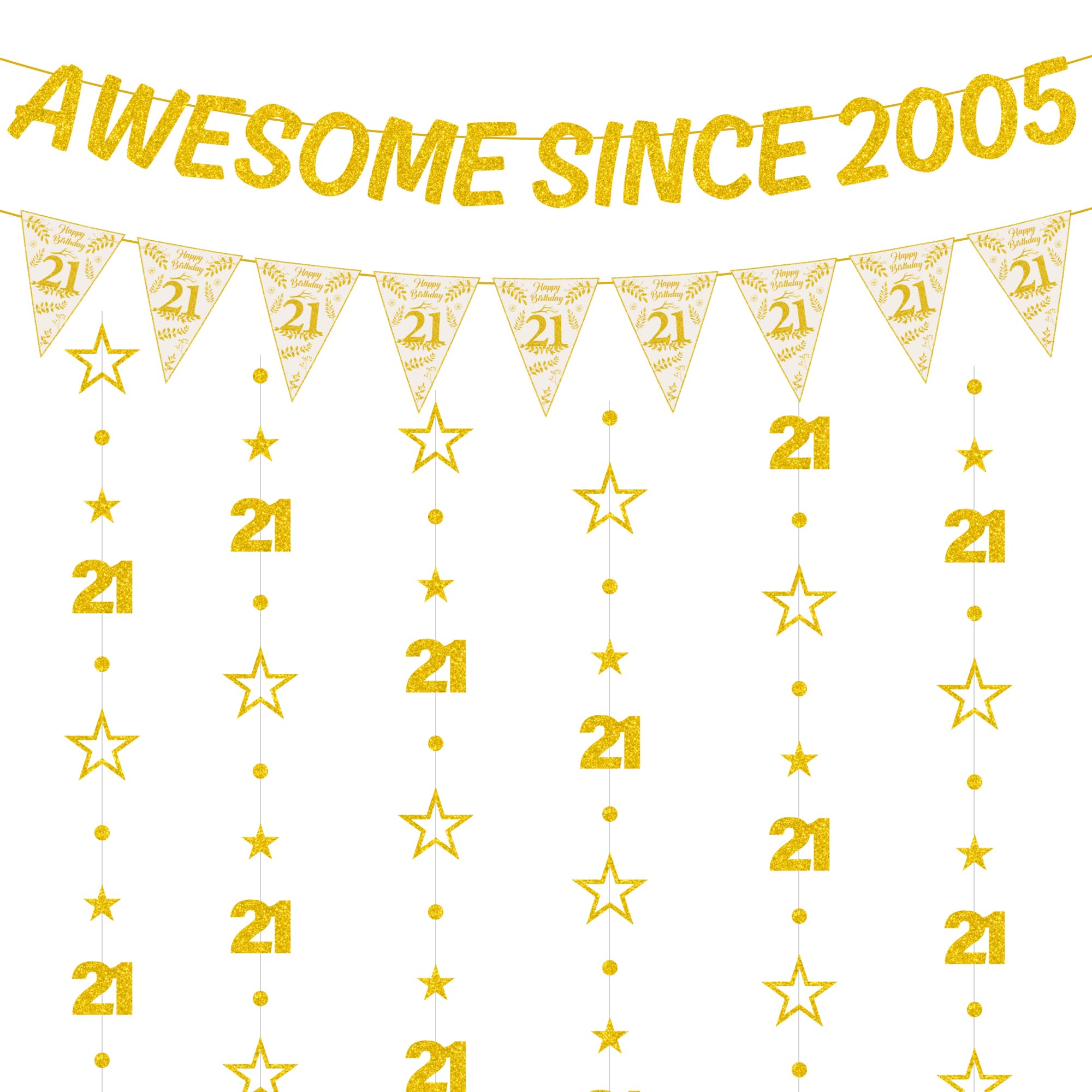 21st Birthday Decorations Girls Boys - 8 Pcs Gold Awesome Since 2005 Banner, Triangle Flag and Hanging Garland With Sparkling Gold Stars and 21 Number for 21st Party Supplies