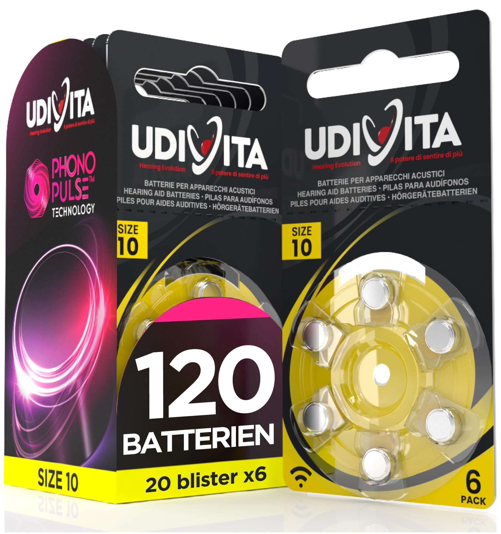 120 Batterien für Hörgeräte Udivita Größe 10 Phono Pulse Technologie - 20 Blister mit 6 Batterien
