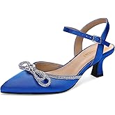 DOBOLIN Wide Width Kitten Heels for Women Rhinestone Bow Pointed Closed Toe Pumps Ankle Strap Wedding Bridal Party Dress Shoes
