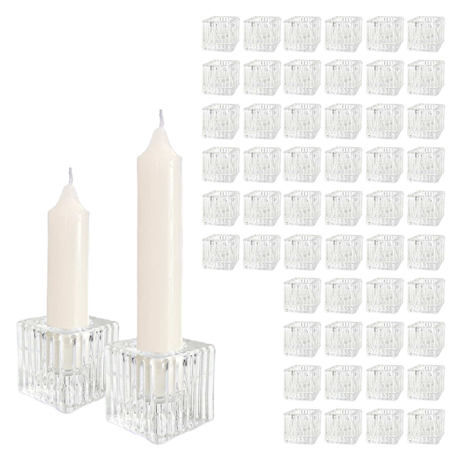 Photo 1 of 48 Pack Square Vertical Stripe Glass Candle Holders Set 1.57" Vintage Taper Candle Holder Clear Cube Tapered Candlestick Holders Bulk for Wedding Dining Table Decoration Party Christmas Celebration