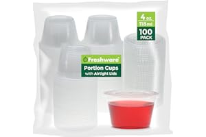 Freshware Plastic Portion Cups with Lids [4-Ounce, 100 Sets] - Souffle, Sampling, Sauce, Snack, Dressing, Jello Shot Cups, Plastic Containers, BPA Free