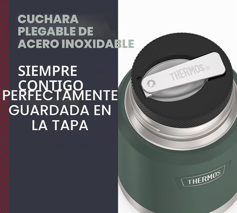 Frasco de Alimentos ICON 0,47 l, verde mate/floresta, 470 ml, parede dupla, aço inoxidável 18/8, mantém o calor e o frio, com colher dobrável, base antiderrapante, totalmente hermético — foto 3 de 6