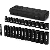 TecoTek 27 Pieces 3/8-Inch Drive 12-Point Metric Impact Socket Set | CR-V, 7mm to 19mm, Standard and Deep, 1/4"-3/8" Drill Adapter