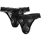 Vinsatin 2 Pcs Sissy Men's Thong Underwear Lace Frilly Thongs Sheer Mesh Bikini Briefs G-string Lace Panties Men