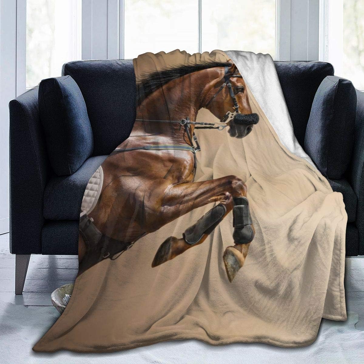 Flannel Blanket Chestnut Color Jumping Horse Lightweight Cozy Bed