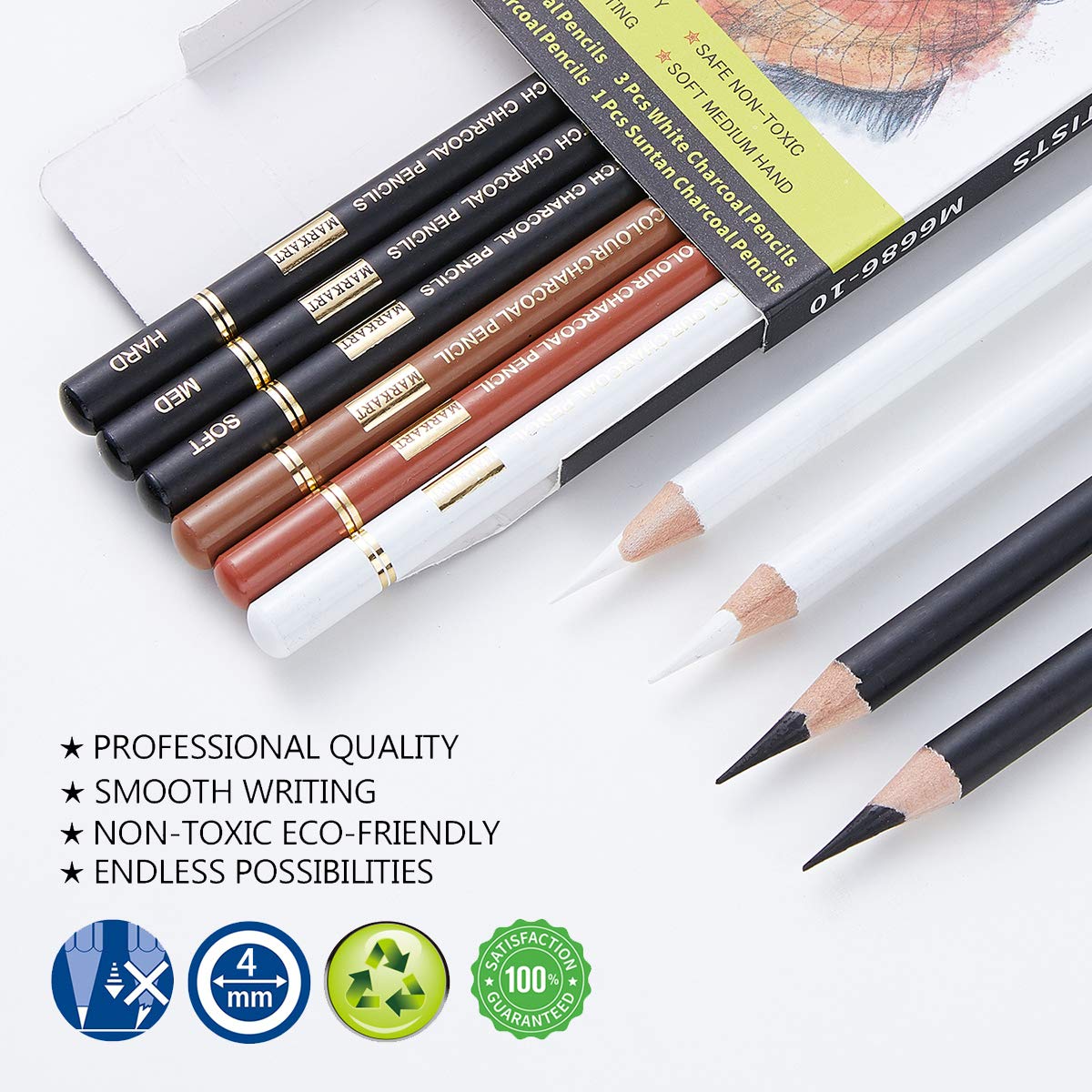 MARKART Charcoal Pencils for Drawing, 10 Pack Black & White Charcoal Pencils for Sketching, Shading, Blending, Artist Pencil for Beginners & Artists
