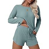 Anyhold Womens Waffle Knit Pajama Sets Lounge Sets Long Sleeve Top and Shorts Loungewear 2 Piece with Pockets