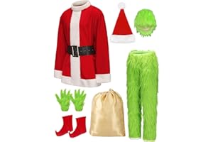 WHOBUY Christmas Costume for Men Adult Green Furry Monster Santa Suit 8 PCS Set Deluxe Outfit Halloween Xmas Cosplay