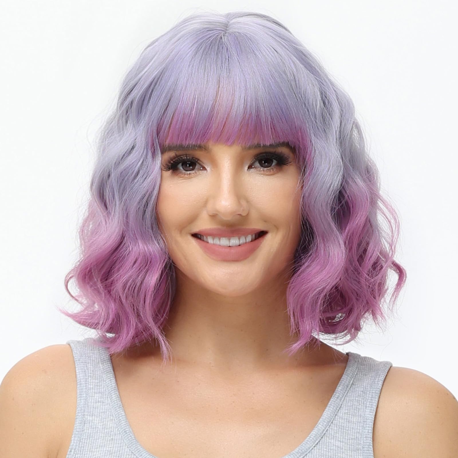 BUYOGET Wavy Bob Wig with Bangs Synthetic Hair Shoulder Length 12 Inch Short Curly Wigs for Women Natural Purple โ image 1