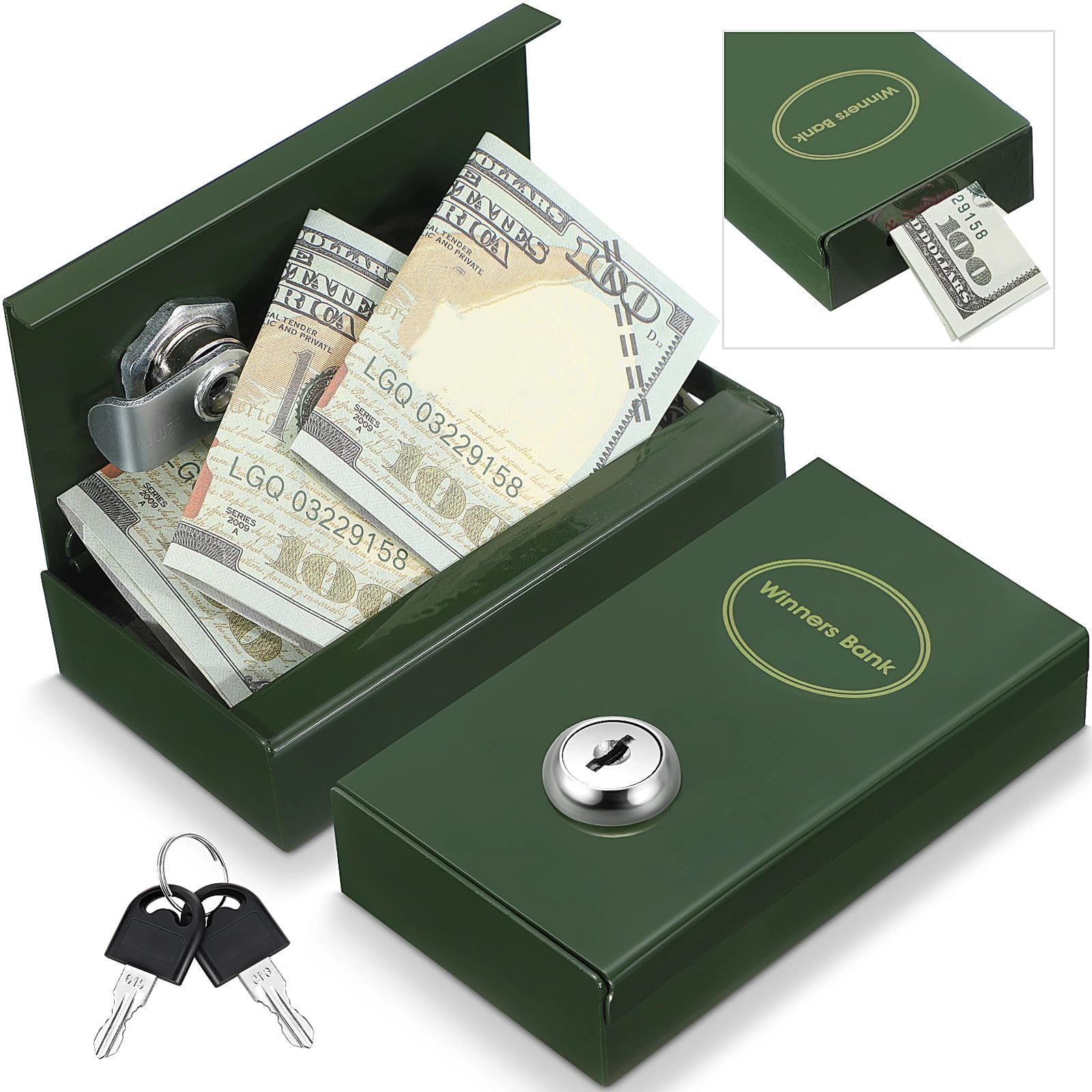Photo 1 of Reallnaive 1 Pack Metal Box for Gamblers Pocket Sized Winner Bank Casino Cash Box with 2 Keys Portable Casino Money Safe strongbox for Cash Saving Go Home Money Gifts(Atrovirens)