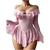 OYOANGLE Women's 2 Piece Off Shoulder Long Sleeve Ruffle Mesh Sheer Nightgowns with Thongs Babydoll Lingerie Set