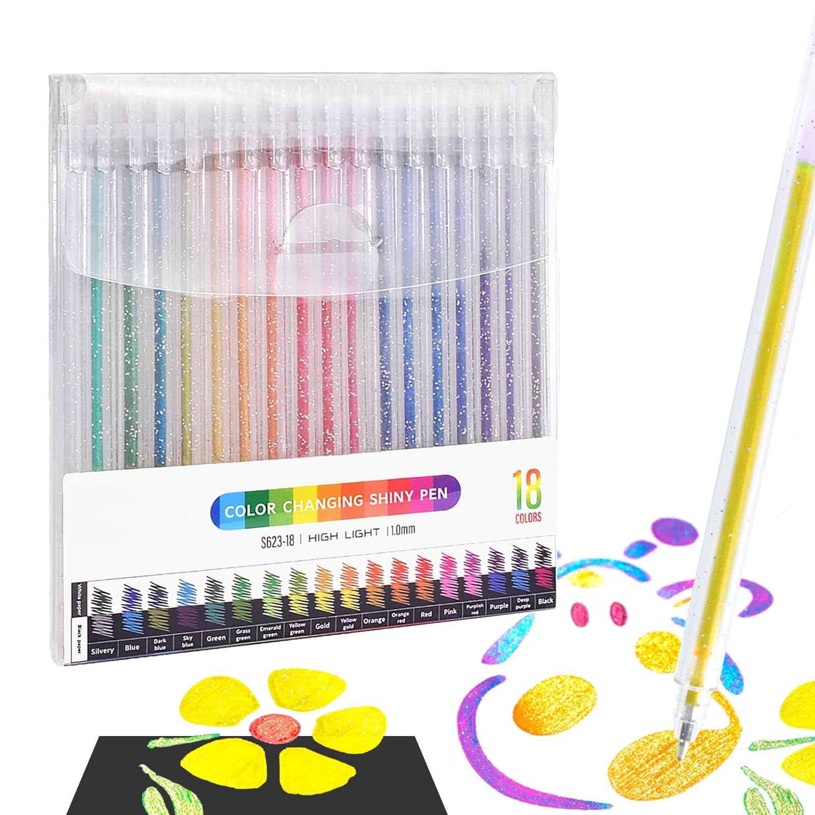Elezeal Glitter Coloured Pen, Assorted Metallic Gel Pens with 1.0mm Tip, Colour Shining on White and Black Pen for Adult Colouring, Doodling, Drawing, Writing, Noting (Set of 18)