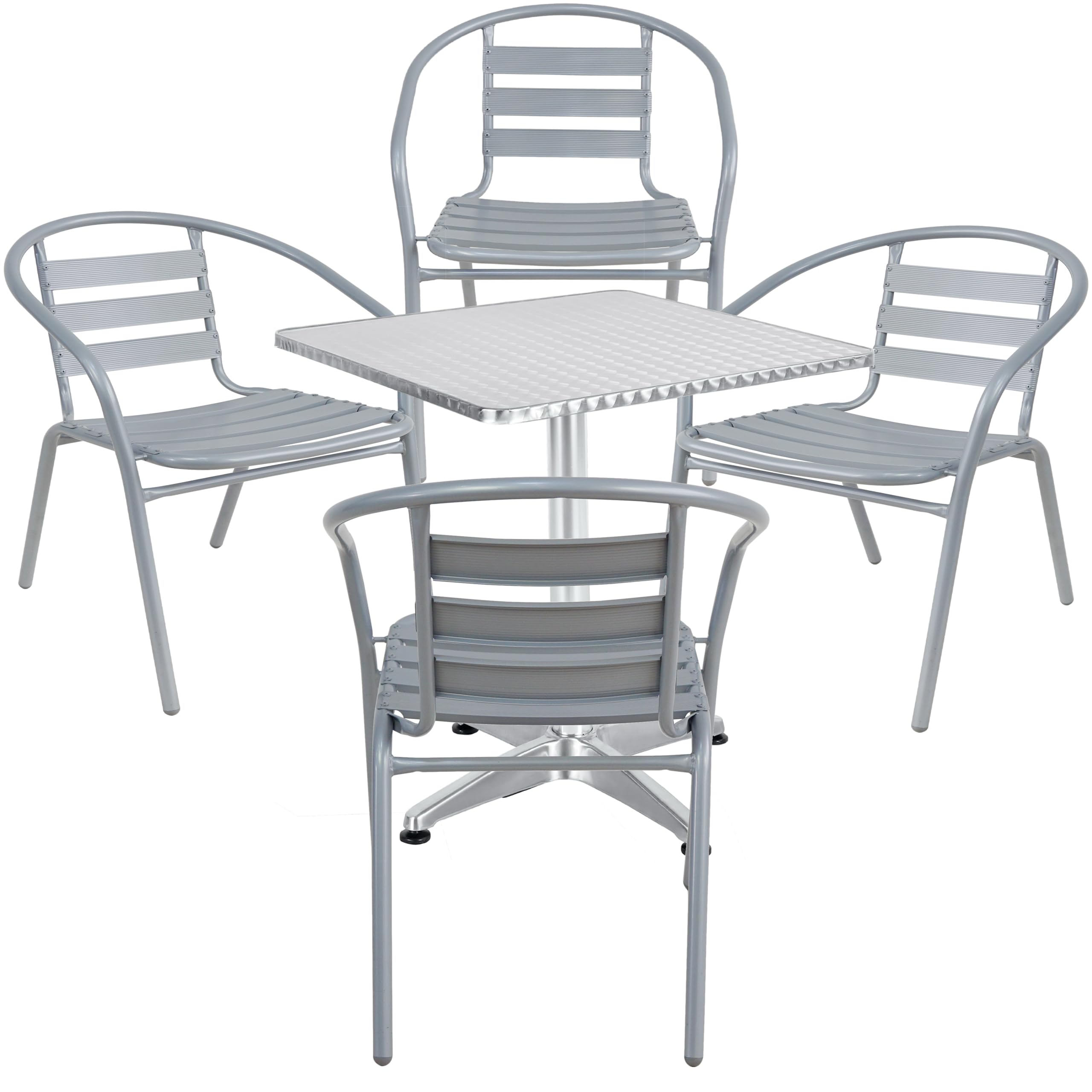 Photo 1 of *TABLE MISSING* BTEXPERT Indoor Outdoor Restaurant Stainless Steel Silver Gray Metal Aluminum Slat Stack Commercial, 4 Chairs with a 27.5" Square Table
