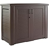 Rubbermaid Decorative Outdoor Storage Cabinet (123 Gal), Weather Resistant, Brown, Organization for Home/Backyard/Pool Chemicals/Toys/Garden Tools/Porch/Patio Cushions