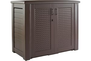 Rubbermaid Decorative Outdoor Storage Cabinet (123 Gal), Weather Resistant, Brown, Organization for Home/Backyard/Pool Chemicals/Toys/Garden Tools/Porch/Patio Cushions