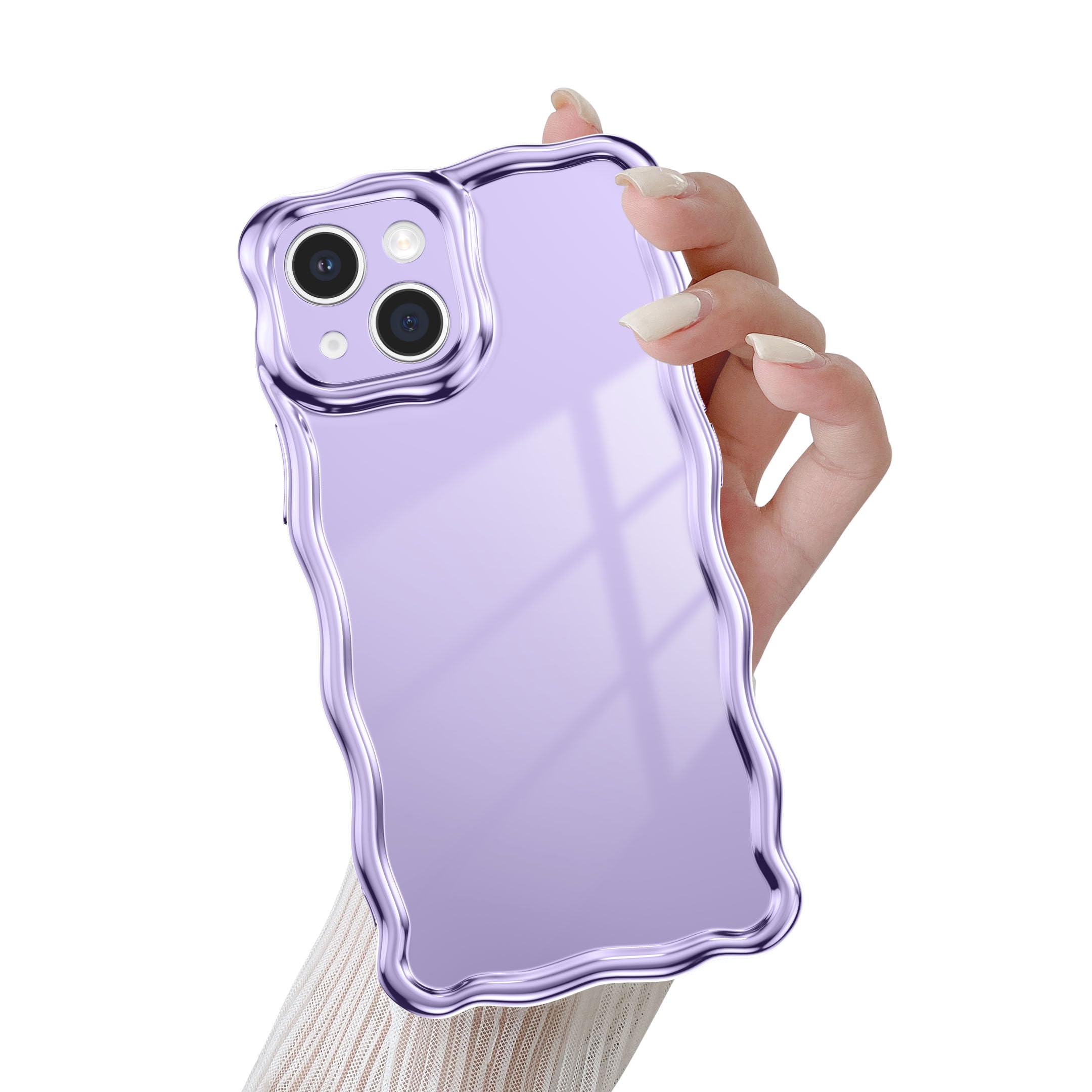 QLTYPRI for iPhone 15 Case, Cute Curly Wave Frame Shockproof Phone Cover for Women Girls, Glossy Soft Silicone Aesthetic Phone Case for iPhone 15 - Plating Purple