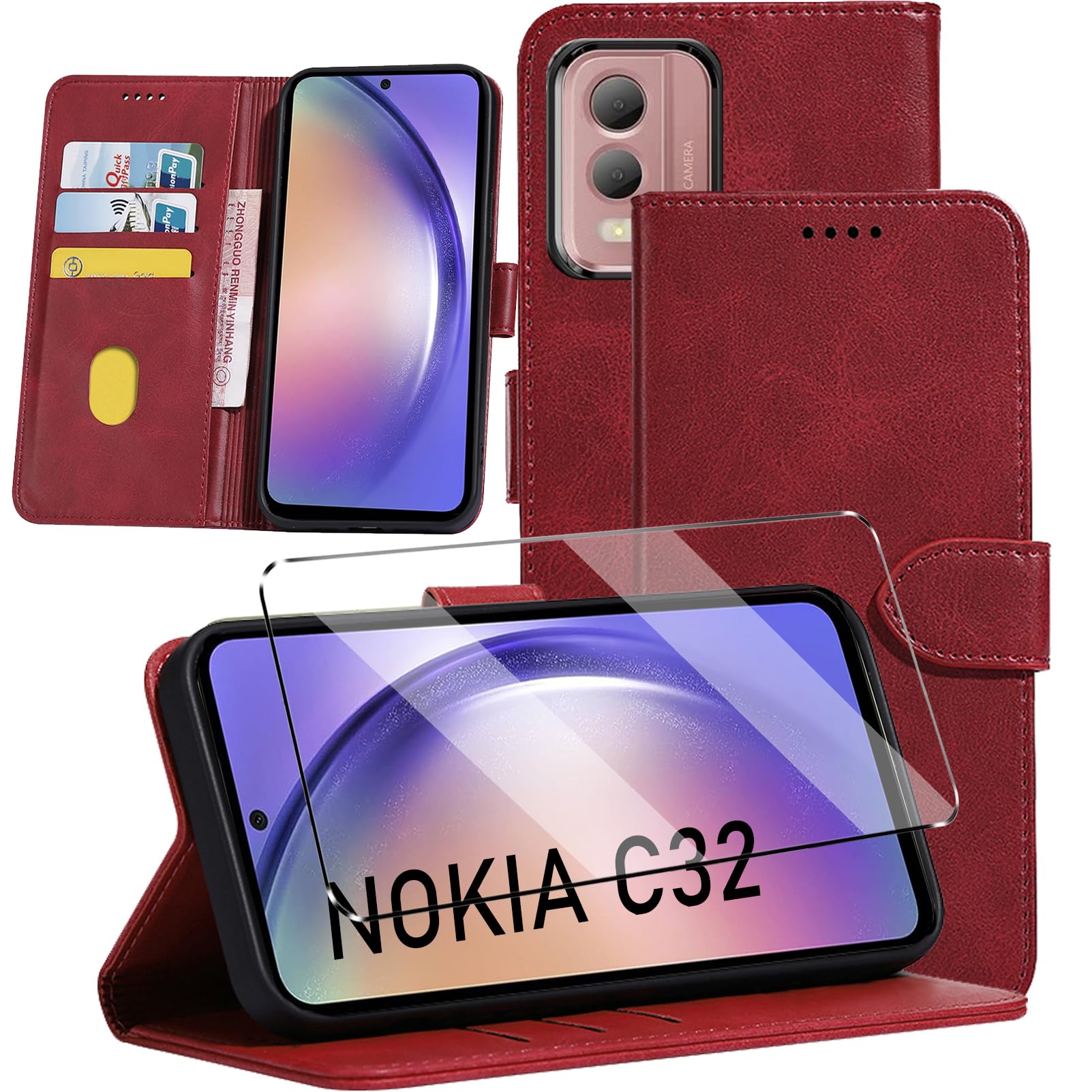 HuiYouMY 2-in-1 Case Compatible with Nokia C32 Leather Phone Case, Wallet Case Cover [Card Slots] [Kickstand] Magnetic Closure Full Protection Book Folio Design wallet flip phone case - Red