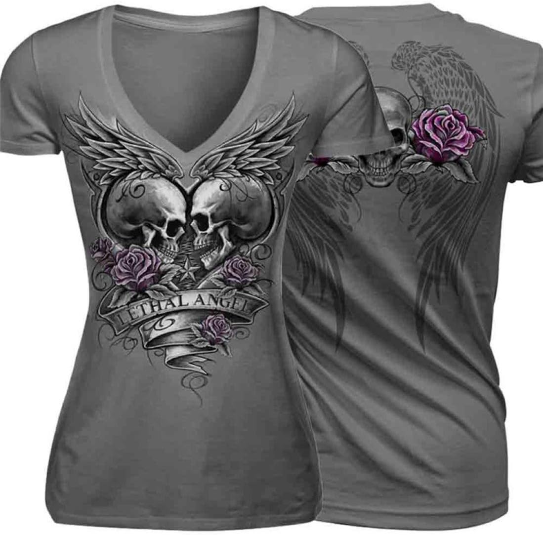 Vanvler Women Fashion Punk Style Skull Cotton Print T-shirt Tops Plus Size (M, Gray)