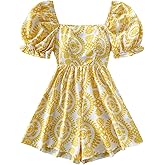 Milumia Women's Boho Floral Print Square Neck Puff Short Sleeve Rompers Jumpsuit