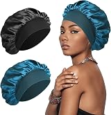 SWEET VIEW Silk Bonnet Silk Hair Wrap Sleeping Cap Black Peacock Blue 2 Pack view 1