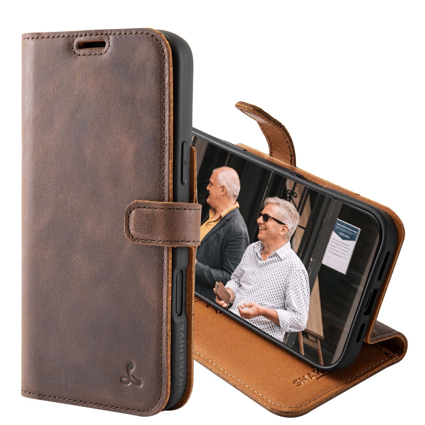 Snakehive Leather Wallet for iPhone 16 Pro Max - Real Leather Wallet Phone Case with Viewing Stand and Card Holder - Flip Folio Cover with Card Slots (Brown)