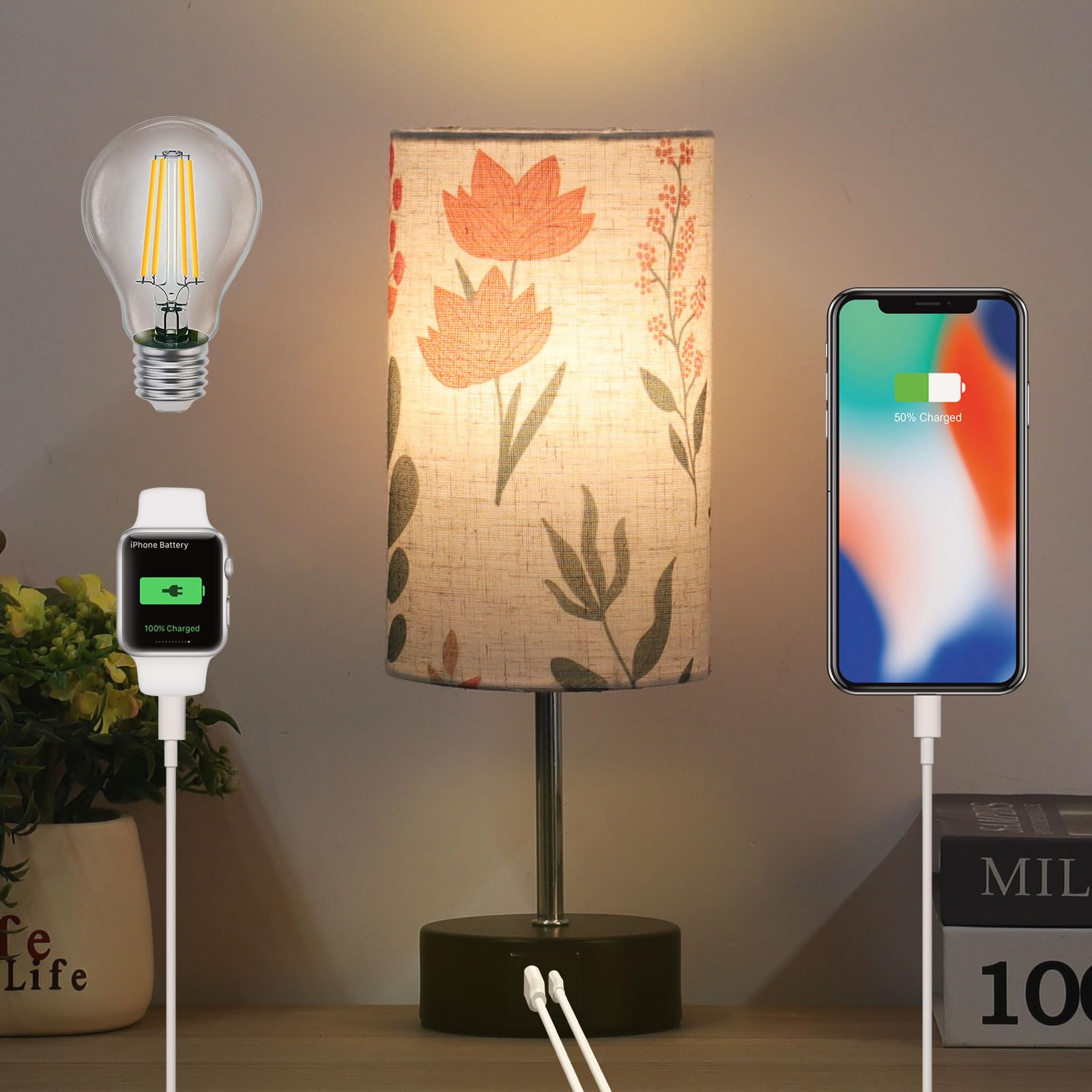 Photo 1 of Lanmonlily Touch Bedside Table Lamp, 2 USB Ports, 3-Way Dimmable Bedside Lamp for Bedroom, Nightstand Lamp with Round Flower Fabric Shade for Living Room, Home Office