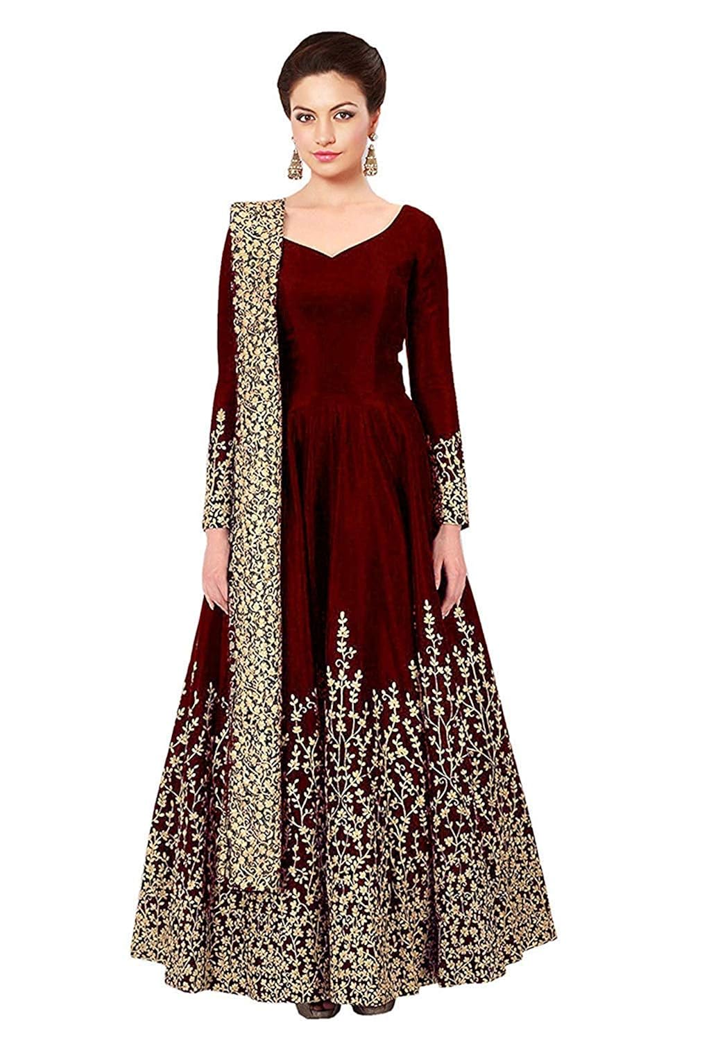 rudra zone women's gown with hevy work marron (free size)