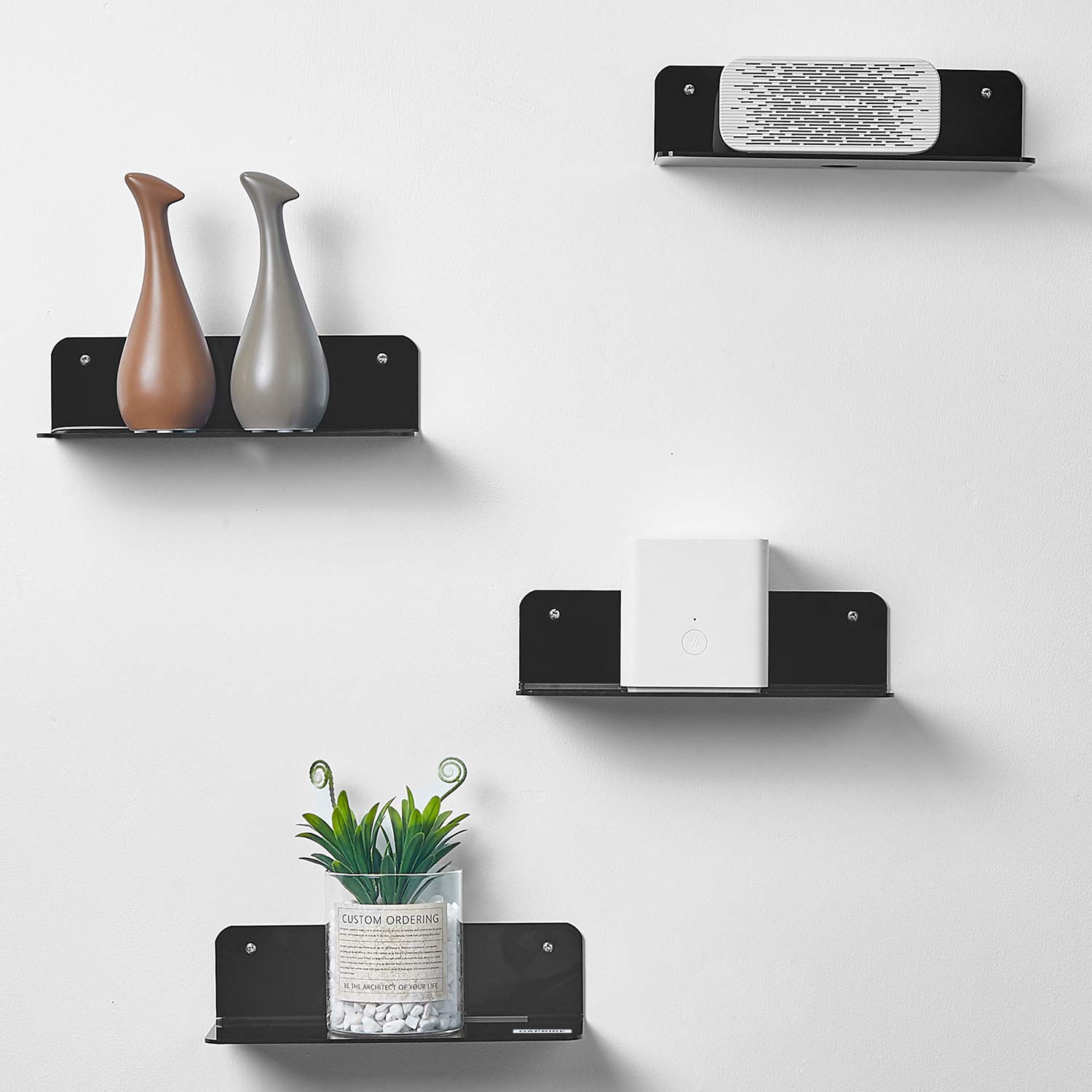 OAPRIRE Acrylic Floating Shelves Set of 4, 9 Inch Adhesive Wall Shelf with Cable Clips (4, Black)