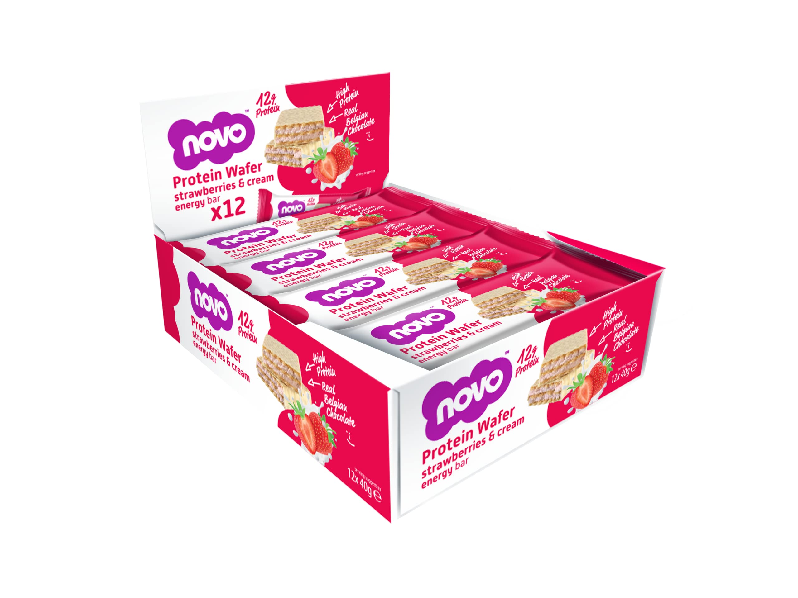 Novo Nutrition Protein Wafer Bars | High Protein Bar, 12g Protein | Protein Bar Alternative | Suitable for Vegetarians | Pack of 12 x 40g (Strawberries & Cream)