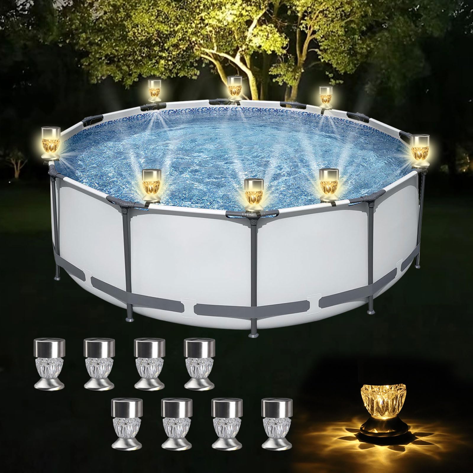 Longzhuo Solar Frame Pool Light, 8pcs Framed Pool Light, Warm Solar Pool Lights for Above Ground Pools, Waterproof Swimming Pool Accessories Night Lights, Garden Fence Outdoor Lighting Decor